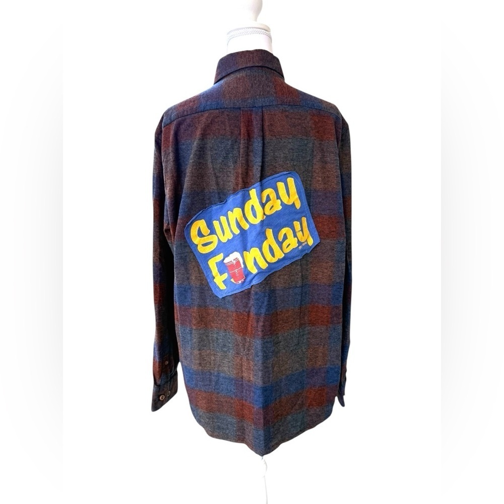 Brown and Blue Flannel with handmade Sunday Funday Football Patchwork Medium